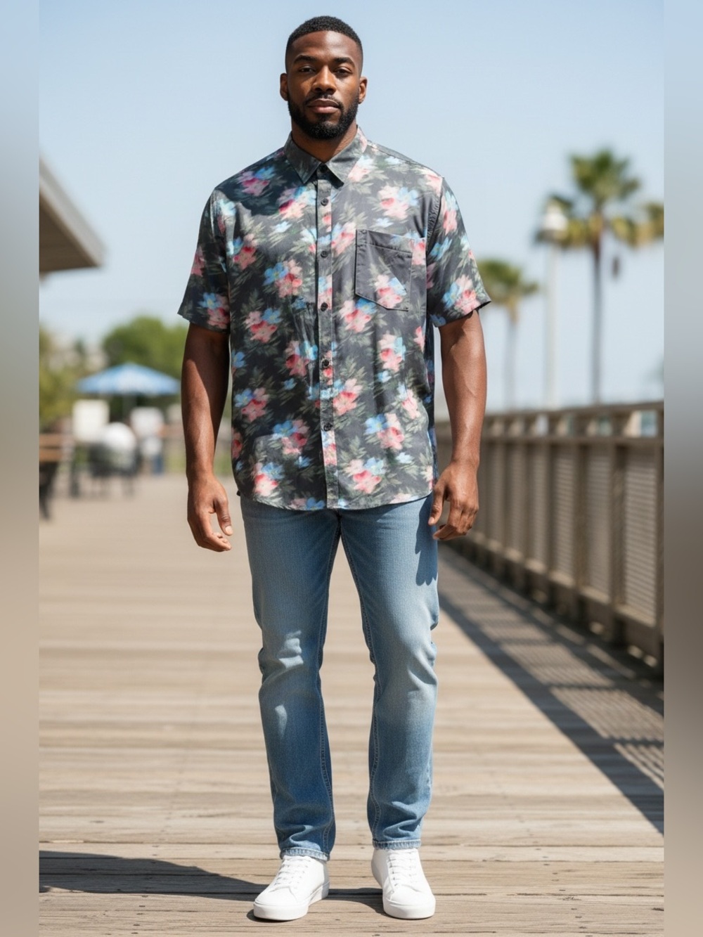Men's Short-Sleeve Floral Button-Up Shirt - Grey Floral
